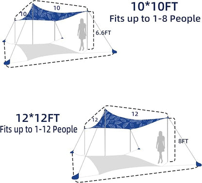 UMARDOO Family Beach Tent Canopy Sun Shade Portable, Large Compact Beach Sun Shelter Easy Setup with Packable Bag for Outdoor Travel (Printed Blue, 10X10 FT. 4Poles)