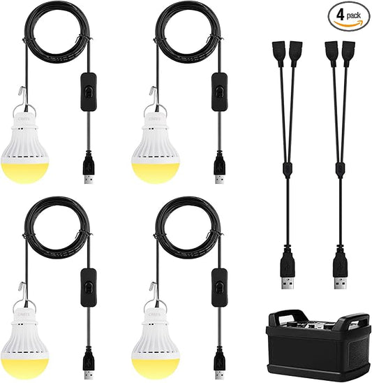 Onite 4-Pack USB LED Light Bulb | 2700K Warm White | Emergency Backup Lighting for Camping, RV, Garage, and Power Outage Preparedness