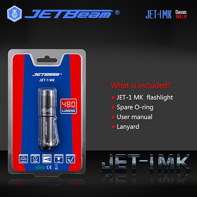 JETBeam I-MK LED Emergency Handheld Flashlight, 480 Lumen Mini Outdoor Flashlight for Hiking, Camping, Dog Walking, IPX-8 Water Resistant with 3 Modes
