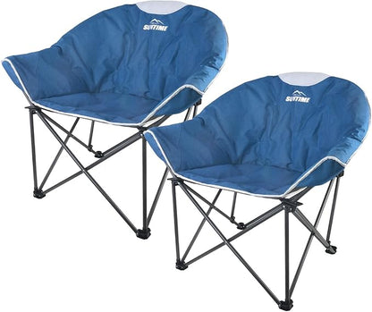 OUTDOOR LIVING SUNTIME Oversized Padded Camping Chair,Portable Comfy Outdoor Folding Moon Round Saucer Chairs for Adults with Holder and Carry Bag, Perfect for Hiking Lawn Patio Sports（Blue 2 Pack）