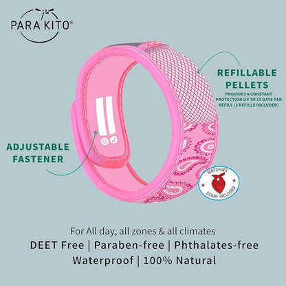 PARA'KITO Mosquito Repellent Bundle - Kids Insect Protection Bracelet + Bandana | Waterproof & DEET-Free Bug Spray Alternative for Hiking, Camping Accessories, Summer Vacation Essentials (Pink)