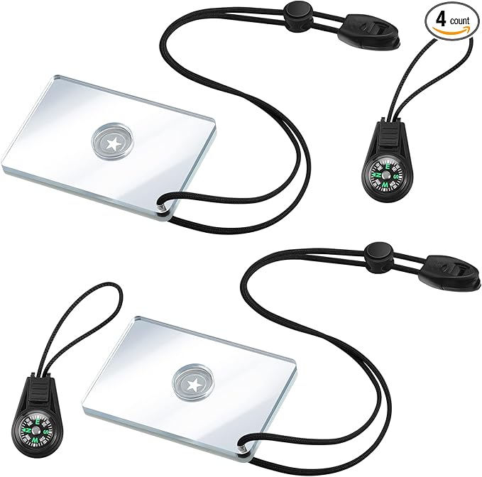 2 Pieces Signal Mirror Survival Mirror Camping Mirror 2 x 3 Inch Emergency Signaling Mirror PFD Rescue Mirror Whistle with 2 Pack Mini Compass for Hiking, Camping, Backpacking and Emergency Situations