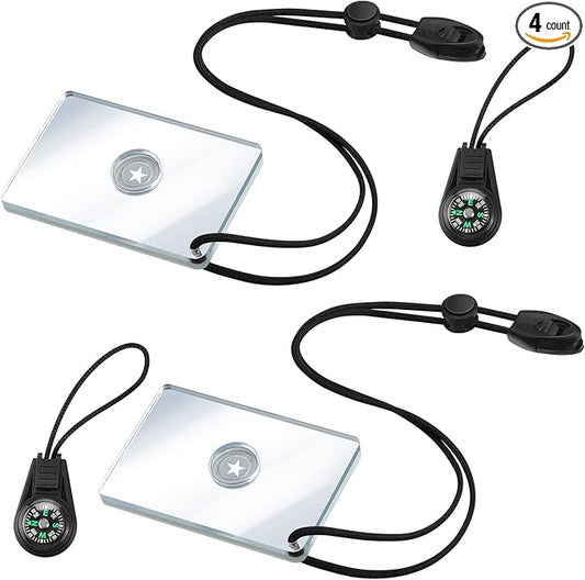 2 Pieces Signal Mirror Survival Mirror Camping Mirror 2 x 3 Inch Emergency Signaling Mirror PFD Rescue Mirror Whistle with 2 Pack Mini Compass for Hiking, Camping, Backpacking and Emergency Situations
