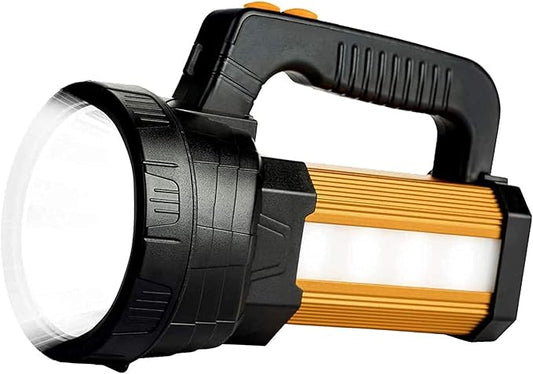 Super Bright LED Handheld Spotlight Flashlight Rechargeable 9600mAh 6000 Lumens Long Lasting Spot Light Waterproof Tactical Torch, 6 Light Modes Side Floodlight, USB Output PowerBank