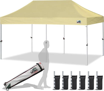 Eurmax USA 10'x20' Pop Up Canopy Tent Commercial Instant Canopies with Heavy Duty Roller Bag,Bonus 6 Sand Weights Bags (Beige)
