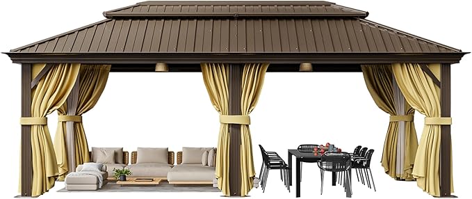HOTEEL 12x20 Hardtop Gazebo with Metal Roof & Drainage System, Heavy Duty Galvanized Steel Gazebo with Reinforced Aluminum Frame, Privacy Curtains and Netting, for All-Weather, Black (2025 Upgraded)