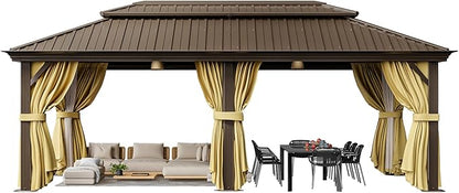HOTEEL 12x20 Hardtop Gazebo with Metal Roof & Drainage System, Heavy Duty Galvanized Steel Gazebo with Reinforced Aluminum Frame, Privacy Curtains and Netting, for All-Weather, Black (2025 Upgraded)