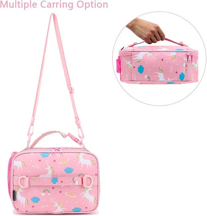 FlowFly Kids Lunch Bag, Durable Insulated School Lunch Box with Shoulder Strap and Bottle Holder, Water-resistant Thermal Small Lunch Cooler Tote for Teen Boys & Girls,Pink#Unicorn