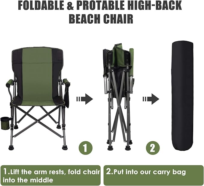 LEADALLWAY Folding Camping Chair Oversized Collapsible Camp Chair with Cup Holder and Removable Storage Bag, Heavy Duty Support 350 LBS, Portable Lawn Chair for Outdoor Camp, Picnic, Travel, Fishing
