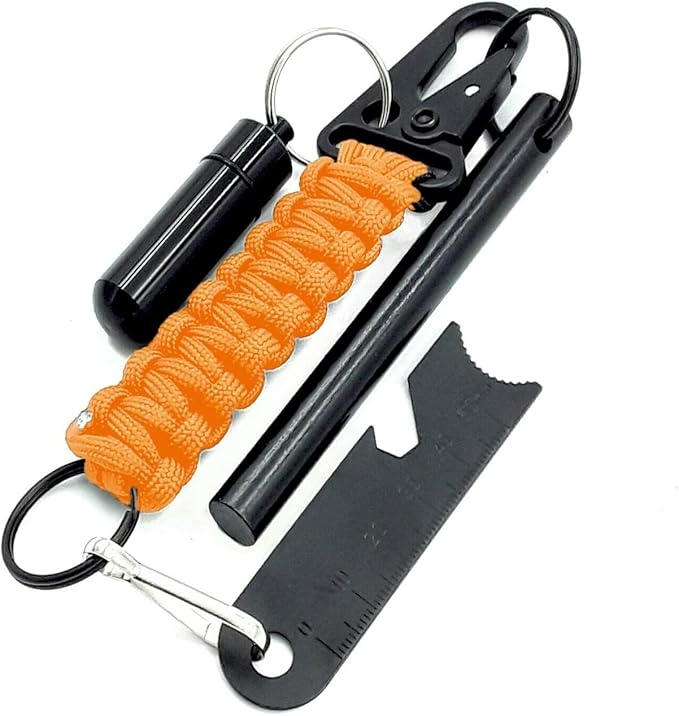 Ferro Fire Starter 4 inch Survival Ferrocerium Drilled Flint Fire Starter, Ferro Rod Kit with Paracord Lanyard Handle, Striker, Cotton Tinder Tab in o-Ring Sealed Carrier Tube and Carry Clip