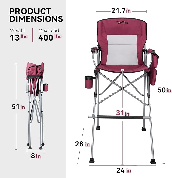 Foldable Directors Makeup Salon High Chair - Portable Camping Bar Height Folding Photoshoot Chairs with Stroage Bag Cup Holder Non-Slip Footrest, Supports 400 lbs Red Tall Director Chair