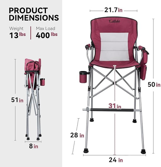 Foldable Directors Makeup Salon High Chair - Portable Camping Bar Height Folding Photoshoot Chairs with Stroage Bag Cup Holder Non-Slip Footrest, Supports 400 lbs Red Tall Director Chair