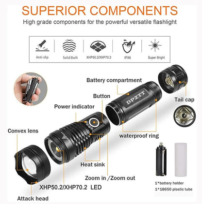 DPZTT Rechargeable Tactical Flashlights High Lumens High Powered Best Flash Light Super Bright 12 Hours Long Life LED Flashlight with 5 Modes for Home Outdoor