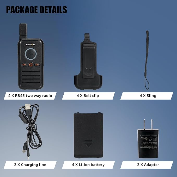 Retevis RB45 Rechargeable Walkie Talkies Long Range,Portable 2 Way Radio for Adults,Emergency Alarm,Dual PTT Two Way Radios for Cruise Camping Family Outdoor(4 Pack)