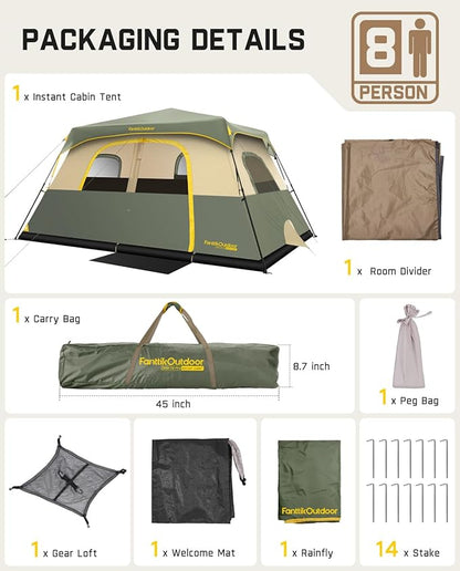 FanttikOutdoor Camping Tent 4/6/8/10 Person Instant Cabin Tent Setup in 60 Seconds with Rainfly & Windproof Portable with Carry Bag for Family Camping & Hiking, Upgraded Ventilation