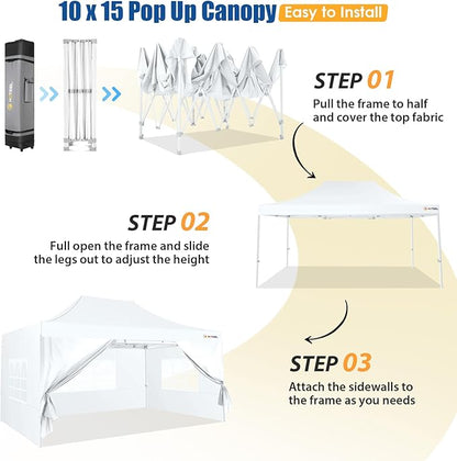 HOTEEL 10x15 Pop up Canopy Tent for Parties, Heavy Duty Easy Setup Tent with 4 Sidewalls, Outdoor Commercial Instant Gazebo for Wedding Event, with Roller Bag & Sand Bags, White(Hexagonal Frame)