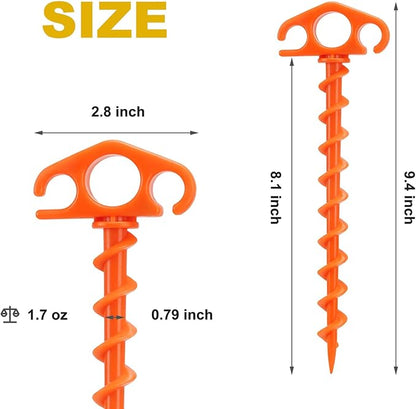 Tent Stakes Sand Stakes for Beach Tent Spiral Anchor Stakes 9.4 Inch Heavy Duty Screw Canopy Stakes for Camping, Hiking and More (6, Orange)