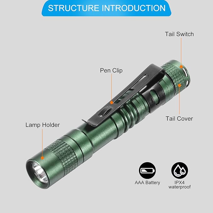 PATIKIL Mini Flashlight with Clip, Super Light Small LED Pen Flashlights Aluminum White Light Torch Battery Powered for Camping Hiking, Green