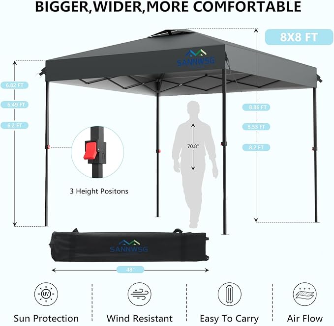 8X8 Pop Up Canopy Tent with 3 Sidewalls,Easy Up Canopy,Commercial Instant Shelter,Heavy Duty One Person Set Up Event Tent,Grey