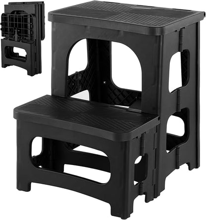 2-Step Folding Step Stool, Foldable & Dual Heights (8”/17”) | Non-Slip, Lightweight & Portable, Supports Up to 300 lbs, Ideal for Home, Office, Kitchen, RV, Boat Boarding & Camper Use