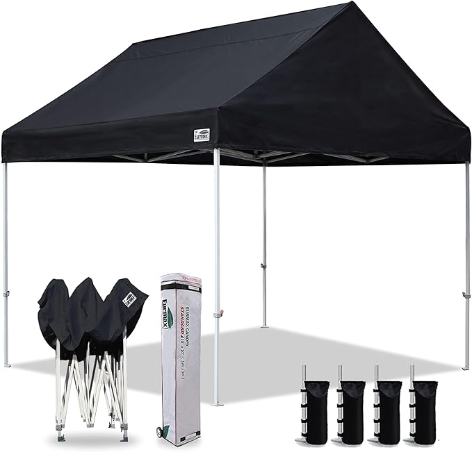 Eurmax USA Patented 10x10 Pop Up Canopy Tent Party Tent Commercial Instant Canopies Shelter with Heavy Duty Roller Bag,Bonus 4 Sand Bags (Dark Black)
