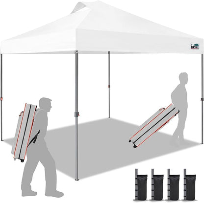 Eurmax USA NOMATTER ONE-Person Open&Close 10x10ft Pop Up Canopy Tent，Portable Shelter Canopy for Outdoor Events，Instant Canopies, Temporary Sunshade,Bonus 4 Sand Bags(White)