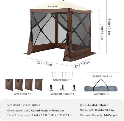 VEVOR Pop Up Gazebo Tent, Pop-Up Screen Tent 4 Sided Canopy Sun Shelter with 4 Removable Privacy Wind Cloths & Mesh Windows, 6x6FT Quick Set Screen Tent with Mosquito Netting, Brown