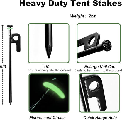 24Pcs Tent Stakes, 8in Heavy Duty Tent Stakes with Storage Pouch, Forged Steel Tent Sakes Metal, Metal Stakes for Tent Used on Grassland, Snowfield, Dessert(24Pcs, 8in, Diameter 1/4")
