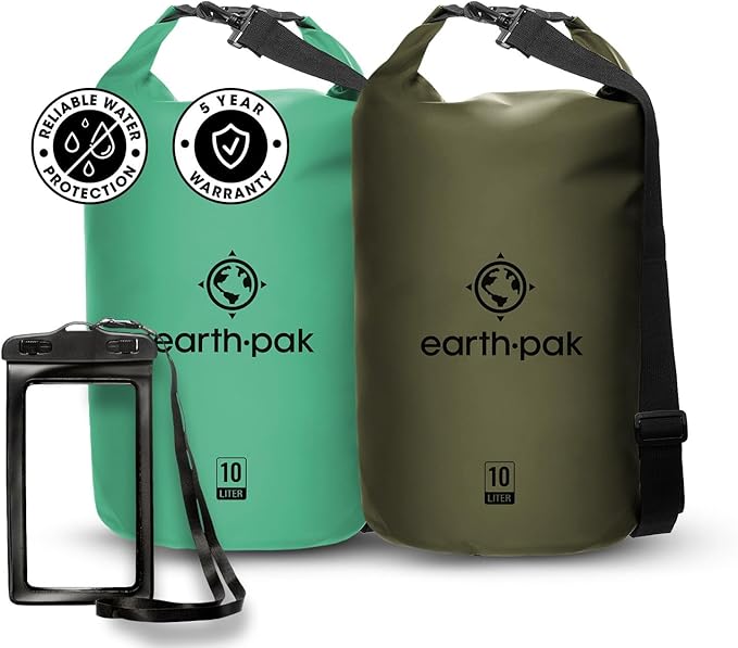 Earth Pak Waterproof Dry Bag - Roll Top Waterproof Backpack Sack (10L Seafoam Green & 10L Green)