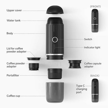 Portable Espresso Machine with 3-4 Min Self-heating, 12V Rechargeable Electric Coffee Machine 19 Bar Compatible with NS Capsules and Ground Coffee for Car Camping Travelling