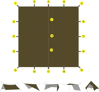 GOLDCAMP Waterproof Camping Tarp，70D Nylon 10X10FT Hammock Rain Fly ，UV 50+ and PU15000mm Tent Tarp Shelter Canopy，Heavy Duty Multifunctional Sun Shade or Rain Fly Essentials for Hiking Backpacking