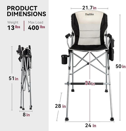 Foldable Directors Makeup Salon High Chair - Portable Camping Bar Height Folding Photoshoot Chairs with Stroage Bag Cup Holder Non-Slip Footrest, Supports 400 lbs Black Tall Director Chair