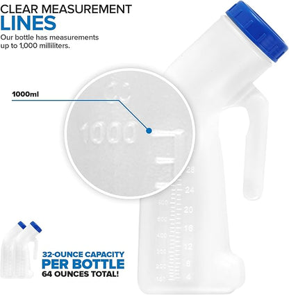 Unisex Urinal Bottle (2 Pack) - Portable Urinal for Women & Men - Female Urinal with Lid - 32 Oz Female Urination Device - Women Pee Funnel Cup for Emergency, Travel, Car & Camping - Stock Your Home
