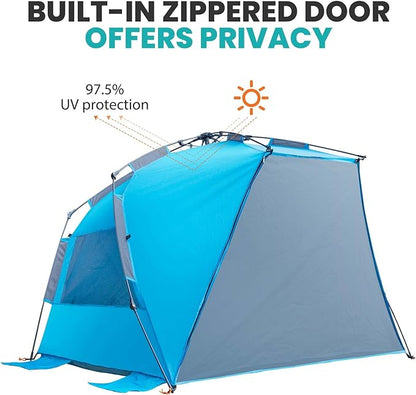 OutdoorMaster Beach Tent for 3-4 Person - Easy Setup and Portable Beach Shade Sun Shelter Canopy with UPF 50+ UV Protection Removable Skylight Family Size