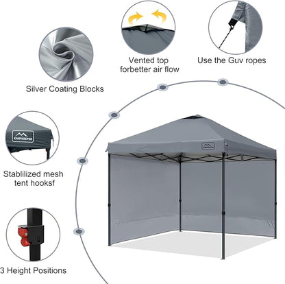 KAMPKEEPER 10x10 Pop Up Canopy Tent with 2 Sidewalls, Beach Tent - Easy Outdoor Sun Shade for Events, Parties, Camping - Gazebo with 4 Weight Bags & Carry Bag.（Grey）