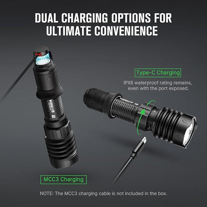 OLIGHT Warrior X 4 Rechargeable Tactical Flashlight 2,600 High Lumens with 630 Meters Long Range Thrower, Powerful Tail-Switch Light with USB-C Charging, Dual-Output for Daily and Tactical Use
