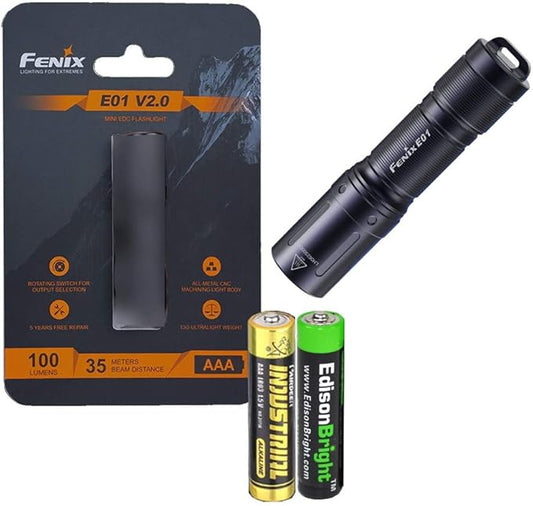 Fenix E01 V2 100 Lumen LED flashlight with EdisonBright AAA alkaline battery bundle (Black)