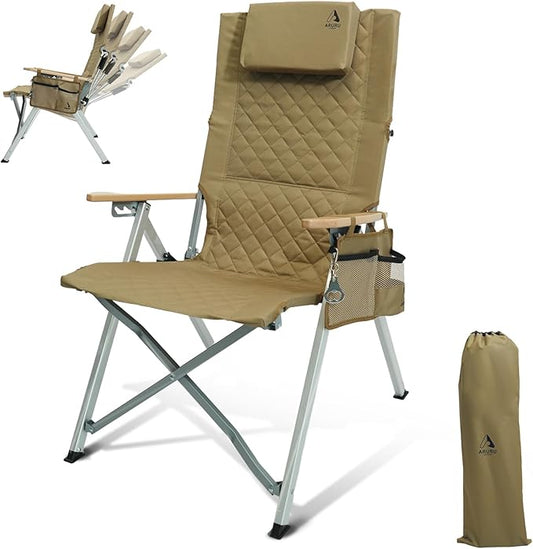 Camping Reclining Chair, Heavy Duty Folding Chairs with 4-Stage Adjustable High Back for Adults, Compact Foldable Outdoor Patio Reclining Chair with Storage Bag （Khaki）