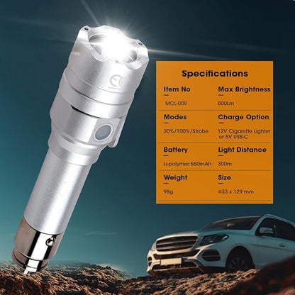 Small Flashlight Rechargeable with Diffuser 12 Volt Car Cigarette Lighter & USB C Charge for Auto Vehicles Emergency, Car Escape, Outdoors, Daily Use