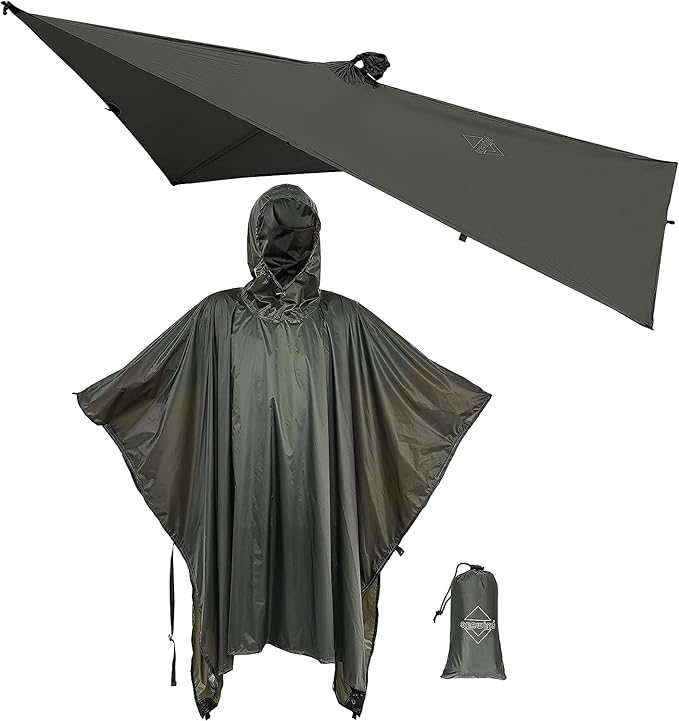 onewind Hooded Rain Poncho, Silnylon Camping Rain Coat Versatile Survival Shelter Lightweight Poncho for Hiking, Backpacking