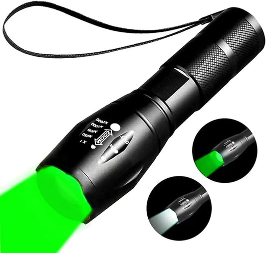 Two-in-one Flashlight with White Light and Green Light，Green Flashlight Rechargeable， Outdoors Zoom Green Tactical Flashlight ，2 Modes.