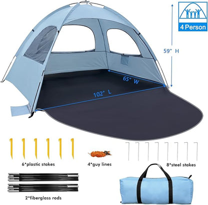 WhiteFang Beach Tent Anti-UV Portable Sun Shade Shelter for 3/4/6/8 Person, Extendable Floor with 3 Ventilating Mesh Windows Plus Carrying Bag, Stakes and Guy Lines