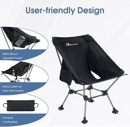MOON LENCE Portable Camping Chair Plus Size, Folding Backpacking Beach Chair with Groundgrip Feet, Upgraded Comfort & Size, Still Compact and Lightweight for Hiking, 330Lbs Capacity (Black)