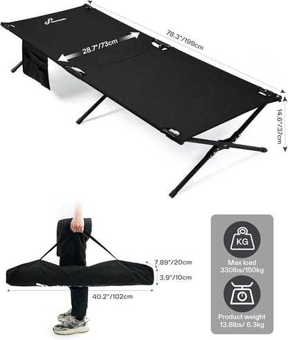 Sportneer Camping Cot: 78.3"x28.7"x14.6" Comfort Cot Bed for Camping Traveling Guest Bed, Sleeping Cots for Adults with Side Pockets & Storage Bag - Ease of Assembly, Support 330 Lbs