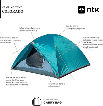 NTK Colorado GT 2/4/6/8 Person Outdoor Dome Family Camping Tent 100% Waterproof, Easy Assembly, Durable Fabric Full Coverage Rainfly - Micro Mosquito Mesh