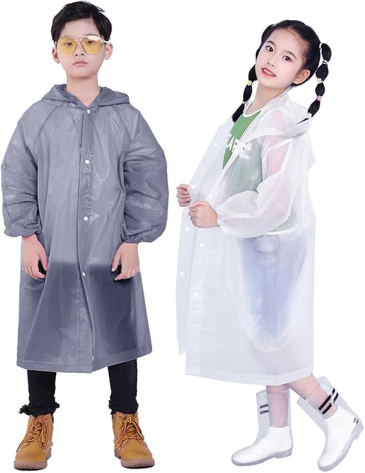 2 Pack Rain Ponchos for Kids, Reusable Kids Rain Jacket with Hood Waterproof Raincoats for Boys and Girls
