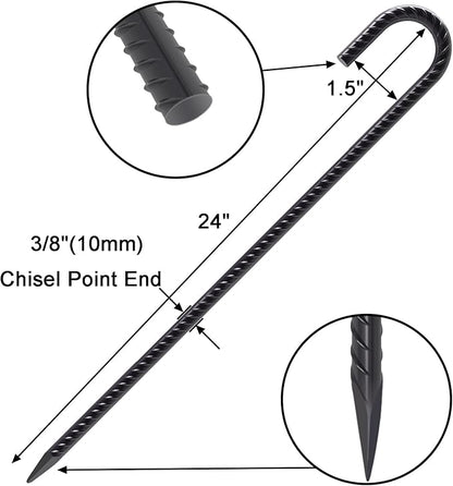VVOKGO 24 Inches Rebar Stakes Heavy Duty J Hook, Curved Steel Plant Support Garden Stake with Chisel Point end, Hammer Through Hard Soil for Chain Link Fence and Gazebo - Black Coated 16pcs