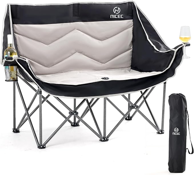 Nice C Loveseat Camping Chair, Double Camping Chair, Outdoor Camping Couch, Oversized Camping Loveseat, Padded Folding Chair for Adults, with Cooler Bag, Wine Glass Holder (Black&Grey)