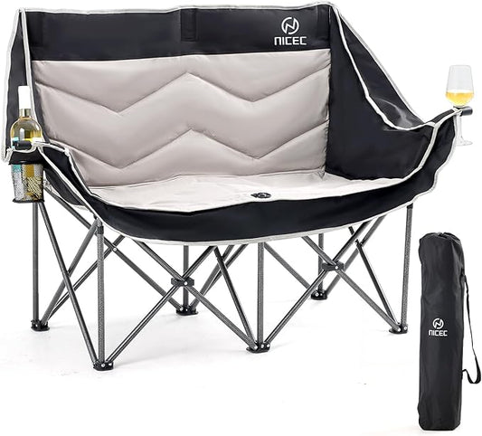 Nice C Loveseat Camping Chair, Double Camping Chair, Outdoor Camping Couch, Oversized Camping Loveseat, Padded Folding Chair for Adults, with Cooler Bag, Wine Glass Holder (Black&Grey)