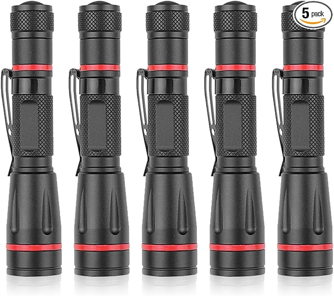 5 Pack LED Flashlights, Handheld Pen Light Flashlight, Pocket Torch PenLight with Clip, Zoomable, Waterproof, Slim Led Pen Flashlight for Camping, Outdoor